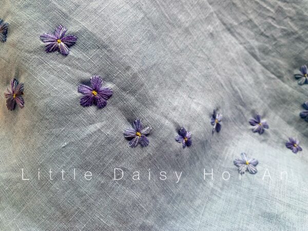 blue linen croptop with hand embroidery forget me not flowers