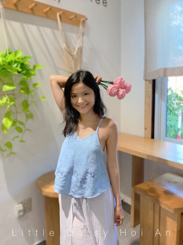 blue linen croptop with hand embroidery forget me not flowers