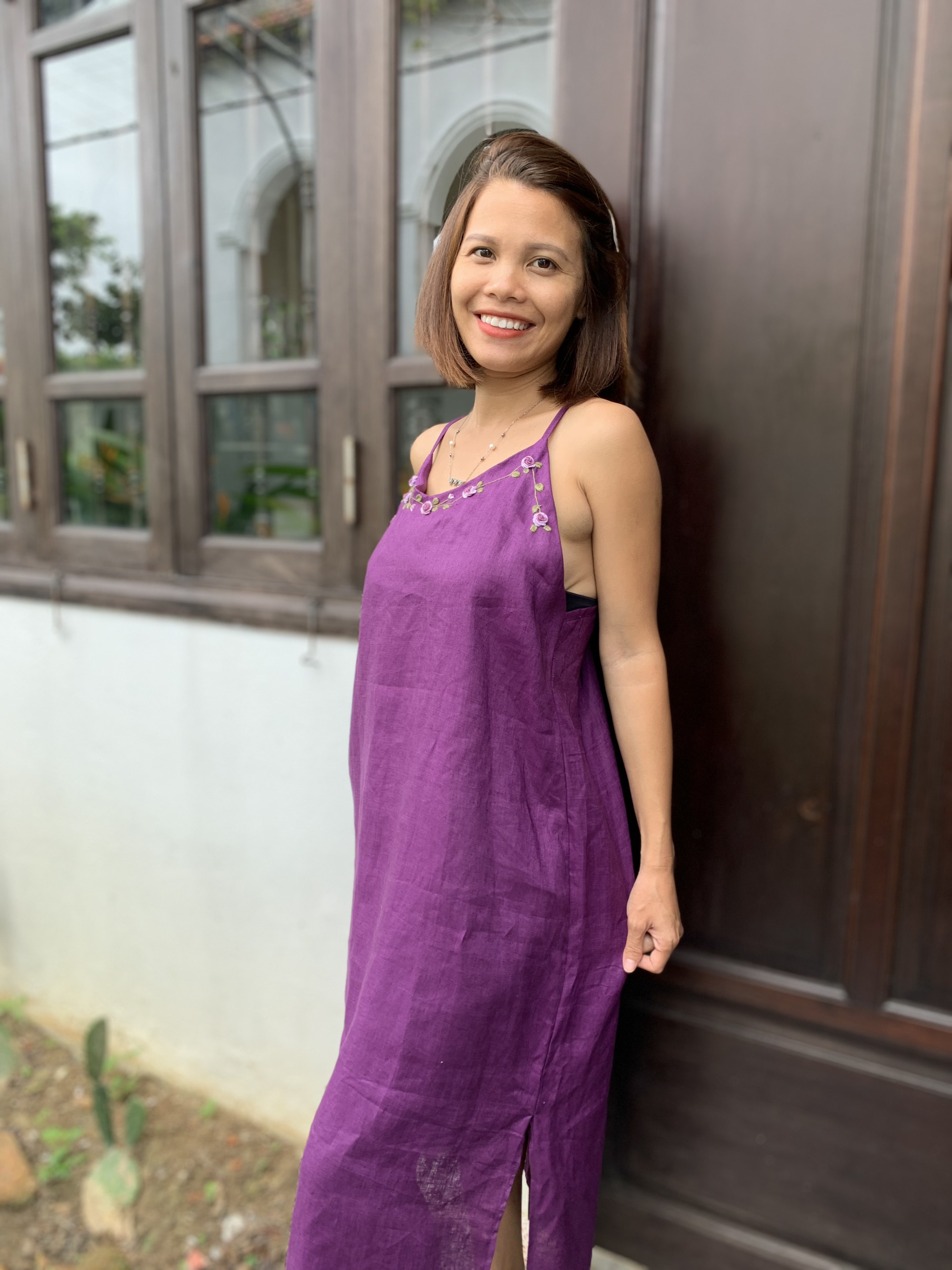rose embroidery linen slip dress in purple