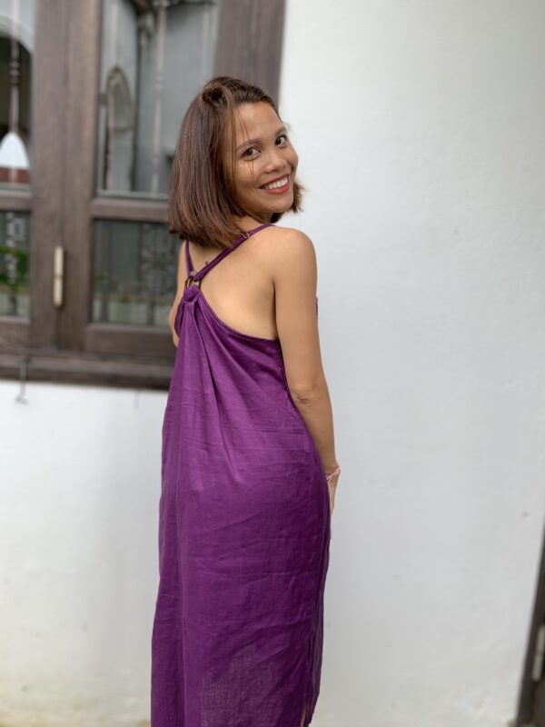 rose embroidery linen purple dress