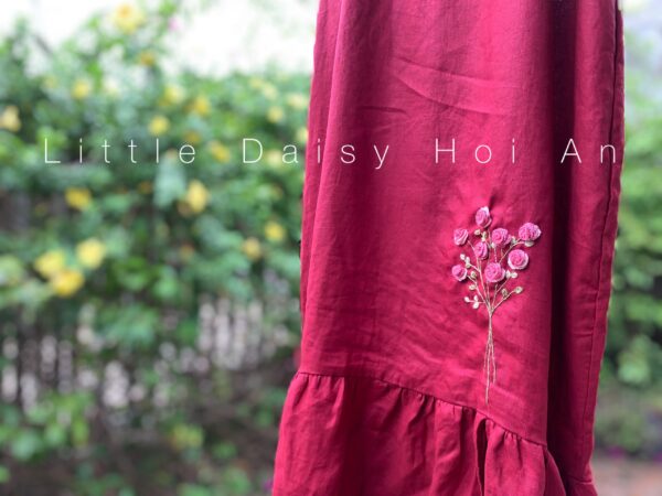 red linen dress hoi an with hand embroidery