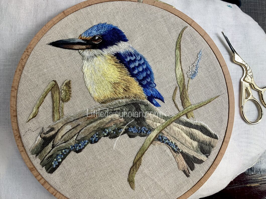 Kingfisher embroidered thêu chim bói cá học thêu tay embroidery class online